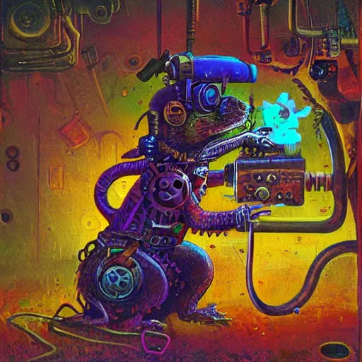 Image similar to steampunk rat, acid, 303, psychedelic, by paul lehr