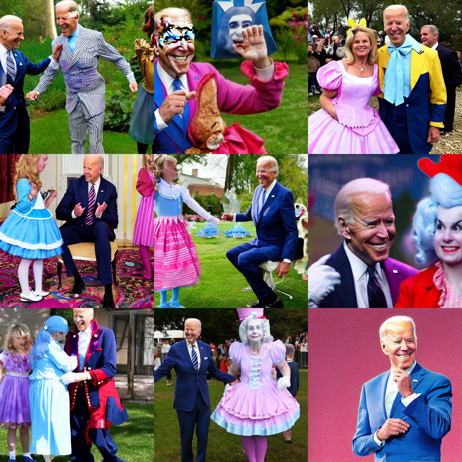 Prompt: Joe Biden dressed as Alice in Wonderland