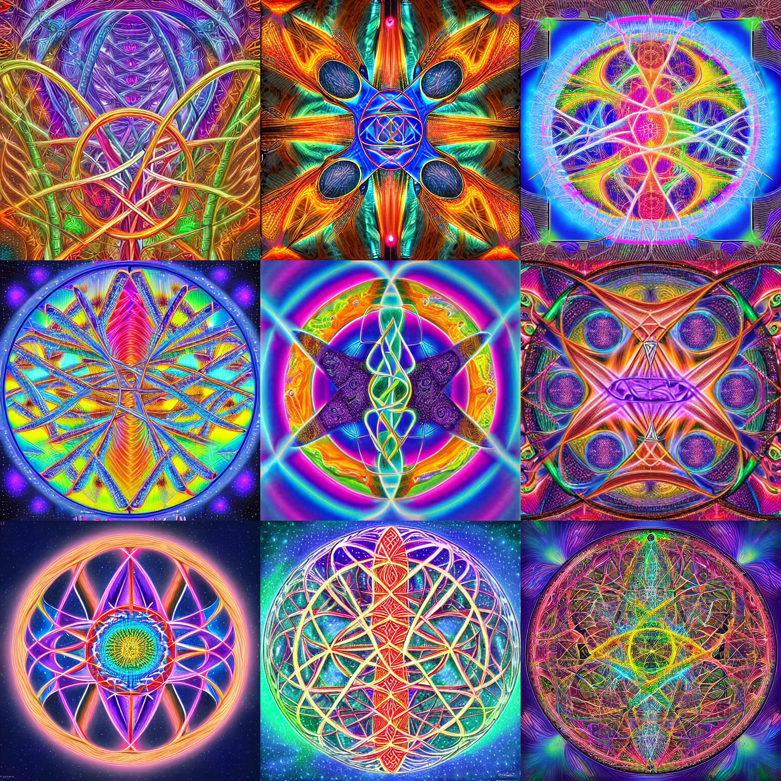 Prompt: dna strands going into the tree of life merkaba background colorful by Alex Grey, highly detailed digital art