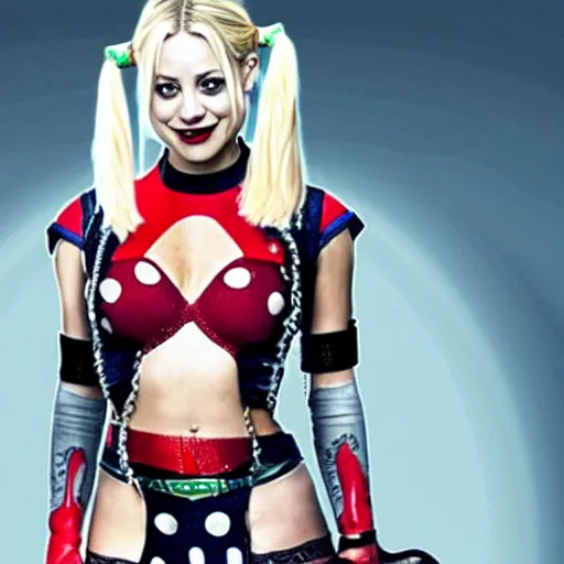 Image similar to A still of Kaley Cuoco as Harley Quinn