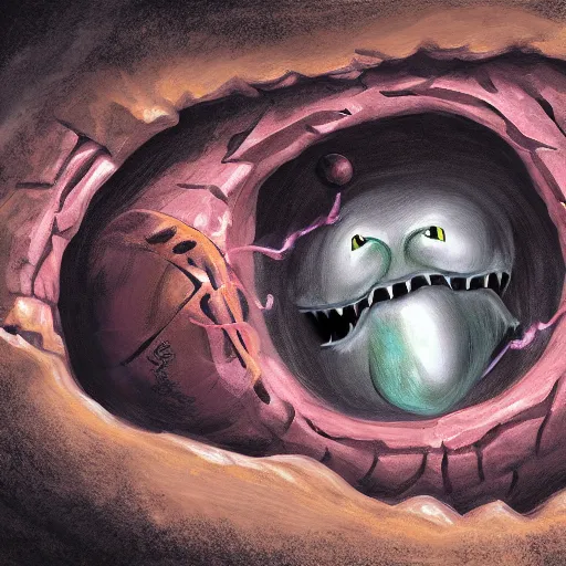 Prompt: a mimic disguised as a basketball inside of a cave gnarling it's teeth ready to attack, fantasy, digital painting