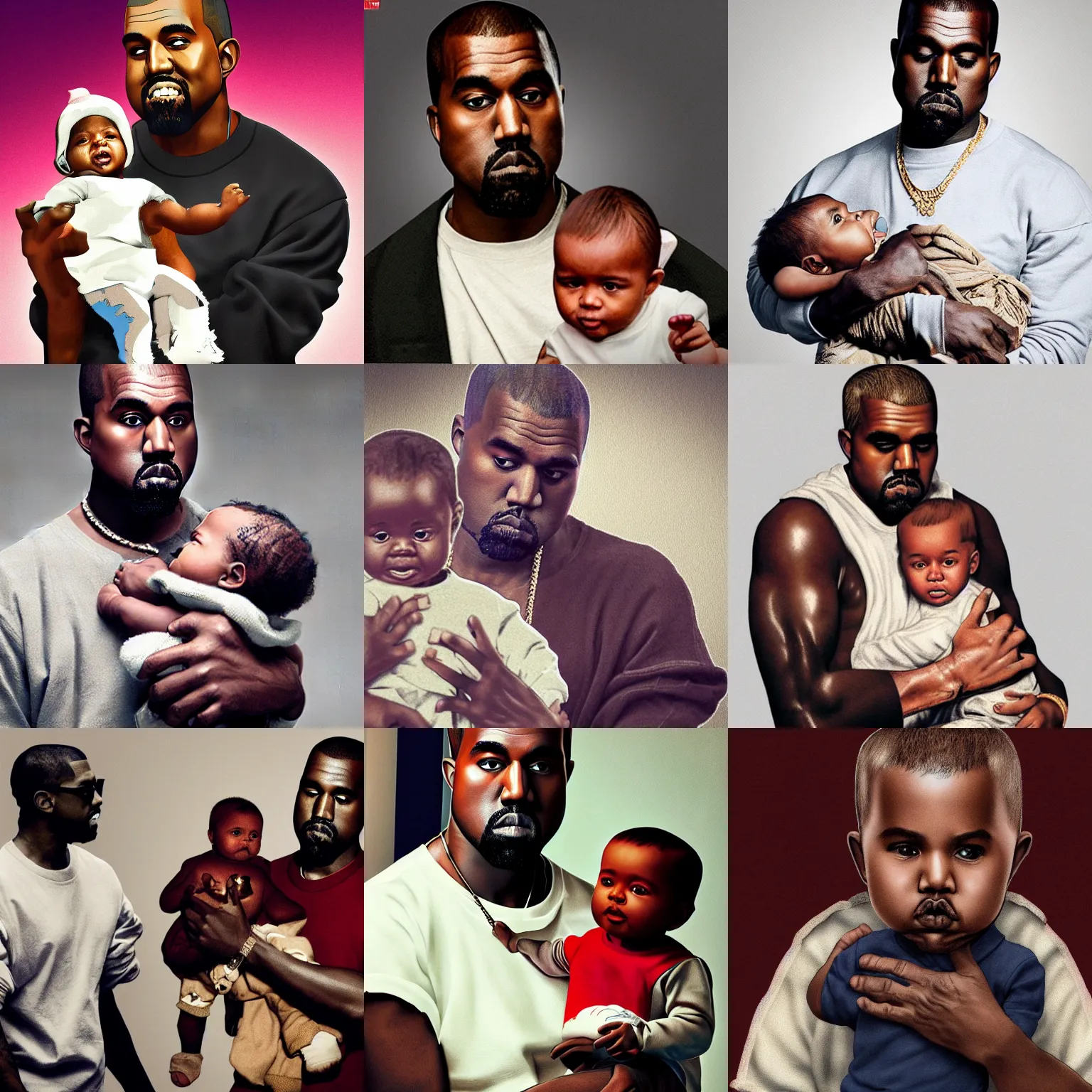 Prompt: kanye west holding a baby with the face of kanye west, artstation, high quality