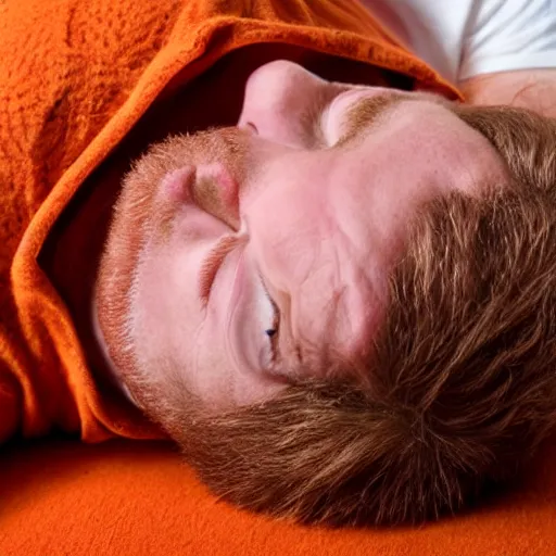 Prompt: a ginger man sleeping on his back, face closeup