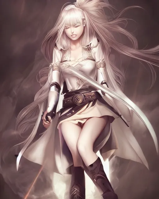 Image similar to The successful warrior is the average man, with laser-like focus, artwork by artgerm, anime, elegant, seductive, long white hair, knee high socks, short plaid skirt, white blouse, full shot, wide-shot, long-shot, fantasy, mystical, magical
