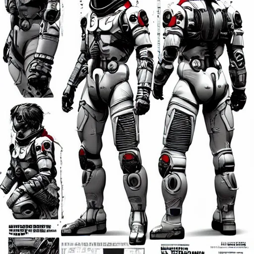 Image similar to character sheet of Astronaut from Kojima Productions by Yoji Shinkawa with Artgem and Glenn Fabry, trending on Artstation concept arts