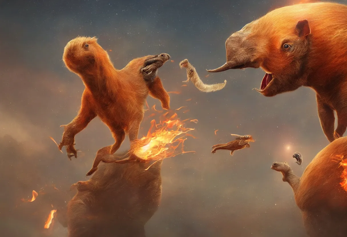 Image similar to a mutant capybara hybrid of velociraptor and elephant floating in space, cinematic, fire, hyperrealistic, trending in artstation, style of wlop