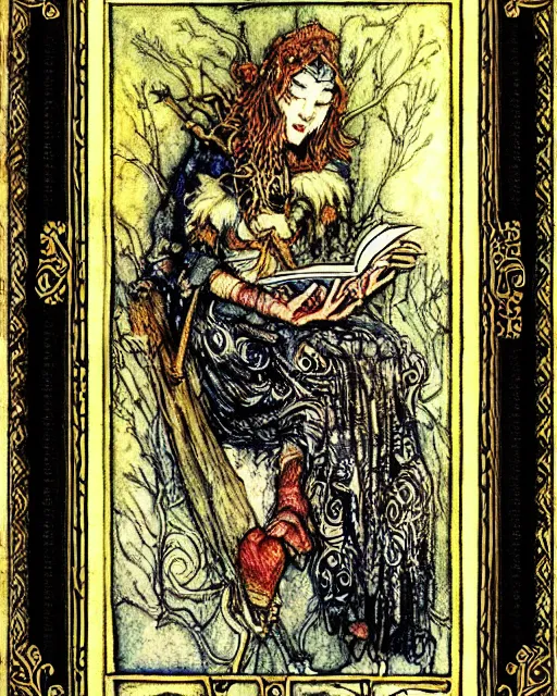 Image similar to tarot card, very detailed painting, illustration, colorful, tarot card ornate frame with roman numerals, in style of Arthur Rackham