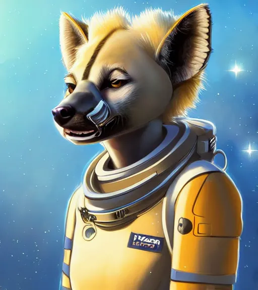 Image similar to digital detailed art of furry female hyena, in style of zootopia, fursona, furry, furaffinity, deviantart, wearing astronaut outfit, in style of mark arian, floating in space, space background, hyena fursona, cyberpunk, female, detailed face, style of artgerm,