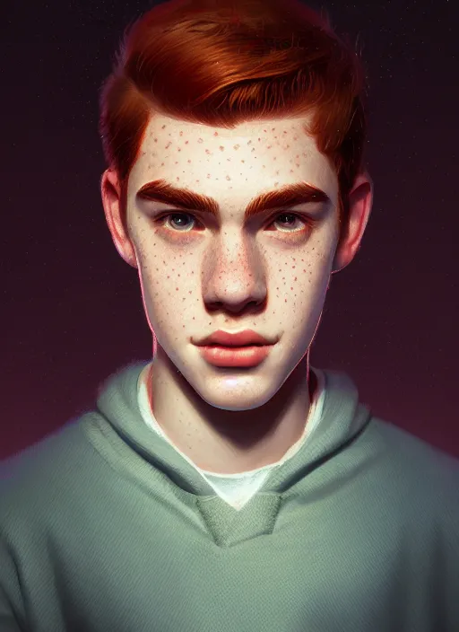 Image similar to portrait of teenage archie andrews, freckles, intricate, elegant, glowing lights, highly detailed, digital painting, artstation, concept art, smooth, sharp focus, illustration, art by wlop, mars ravelo and greg rutkowski