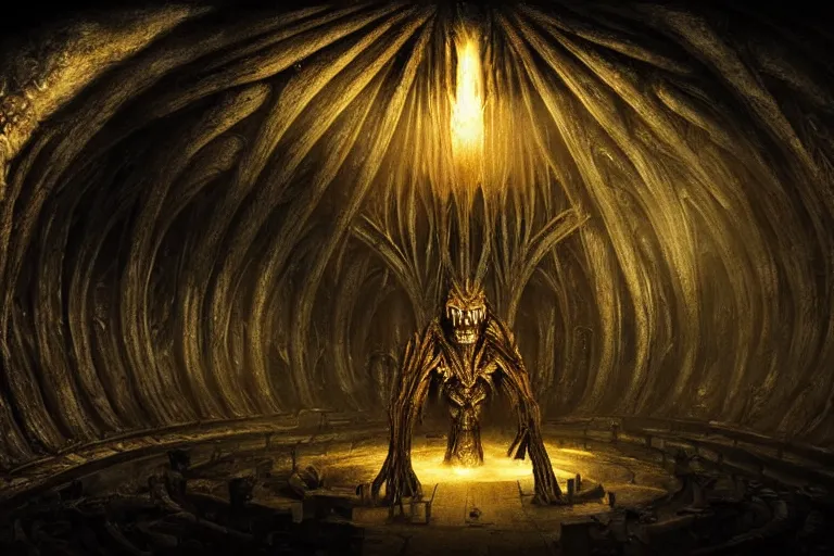 Image similar to balrog at the far end of a great hall in moria, style of h. r. giger, realistic movie still, cinematic, cgi,