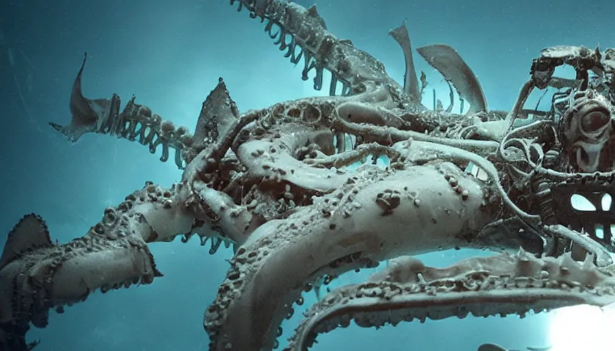 Image similar to Big budget horror movie, undersea biolab, cyborg, autopsy, giant squid