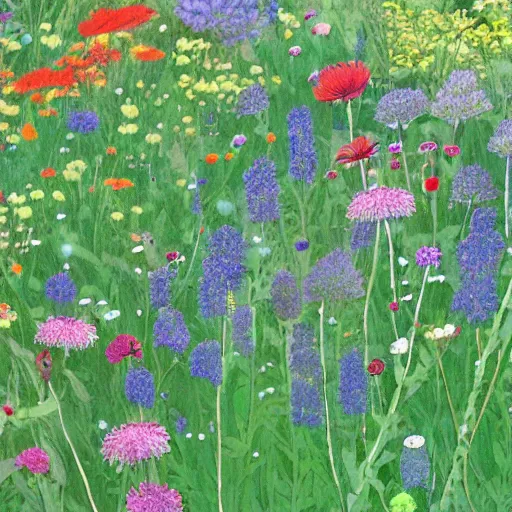 Image similar to a small garden blooming with wildflowers and herbs, close up shot, illustrated by hayao miyazaki, detailed, dewdrops glistening on the leaves