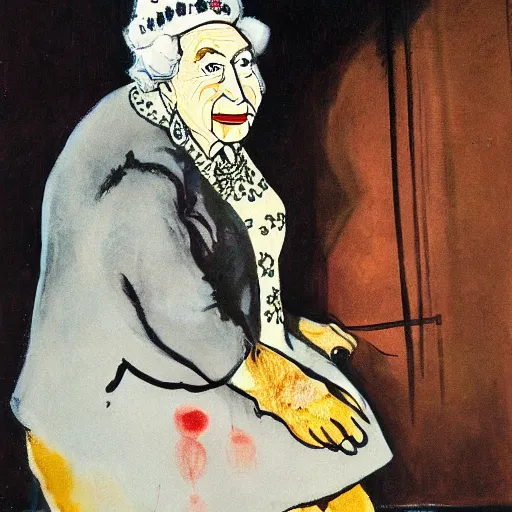 Prompt: queen elizabeth painted as a beggar in a dark forbidding alleyway by george grosz
