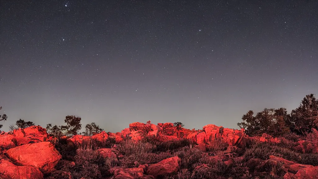 Prompt: Nikon D810 | ISO 800 | focal length 20mm (Voigtländer 20mm f3.5) | Aperture f/9 | Exposure Time 1/20 Sec (DRI 8k ultra realistic night time photography of a mystical cosmic night sky with red smoke and, a perfect big full moon!!!, A glimpse through a small gap in the dark green dense foliage!!!! and overgrowth and the trees!! of the huge full moon over water in a dark sky. wreathed in red smoke!!!, mist, starlight, night-time, volumetric lighting, dark enclosed, cozy, quiet forest night scene, spangled, cosmic