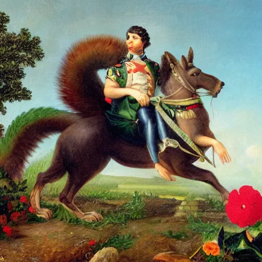 Image similar to a giant squirrel carrying napoleon bonaparte on its back, beach scene with flowers and foliage, detailed oil painting