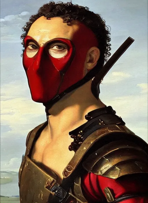 Image similar to oil painting of renaissance deadpool created by gustave courbet and michaelangelo, fantasy, portrait, highly detailed, large brush strokes
