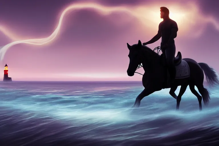 Image similar to photo of man riding a horse along the beach, glowing underwater waves toward a lighthouse in the distance guiding his way, silhouette, wide horizon, large white clouds, night, intricate, elegant, highly detailed, digital painting, artstation, concept art, smooth, sharp focus, illustration, art by artgerm and greg rutkowski and fra angelico