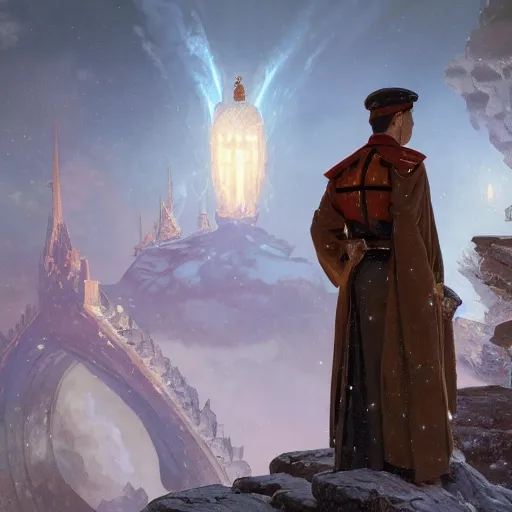 Prompt: A soviet officer wearing long flowing robes in front of a magical gateway to another universe, illustration by greg rutkowski, thomas kindkade, alphonse mucha, loish, norman rockwell, artstation