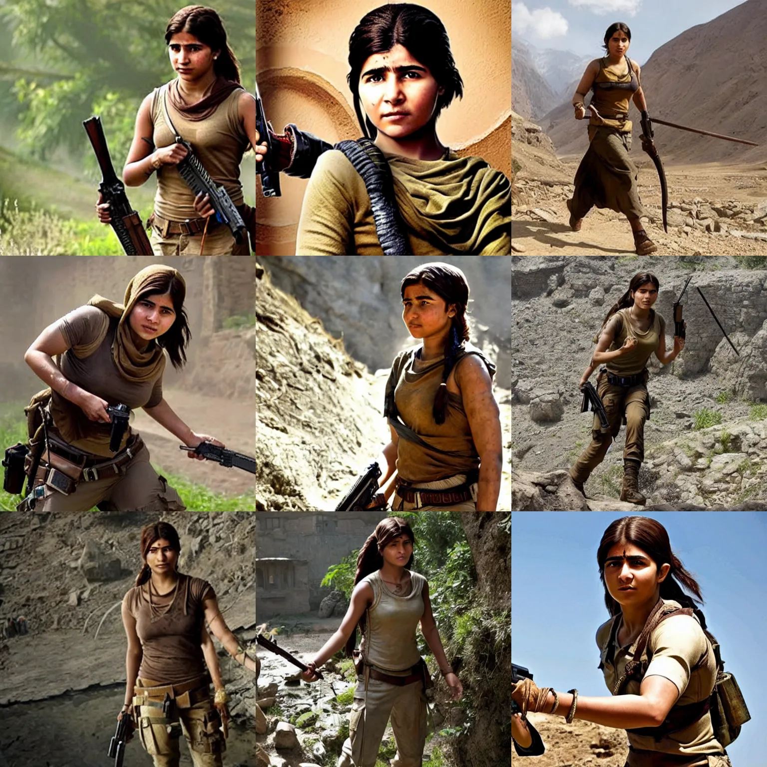 Prompt: Malala Yousafzai as Lara Croft, film still from 'Tomb Raider'