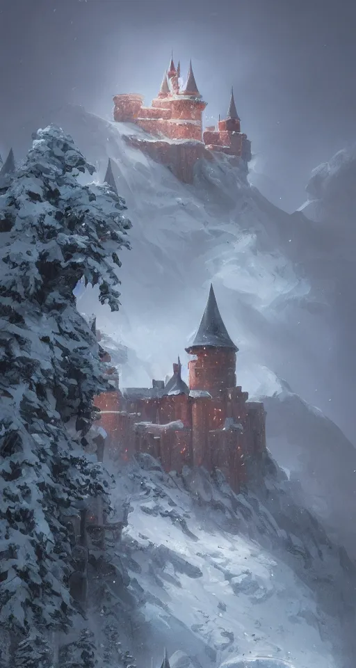 Image similar to a painting of a castle in the middle of a snowy mountain, a detailed matte painting by andreas rocha and greg rutkowski, featured on artstation, fantasy art, matte drawing, matte painting, artstation hq