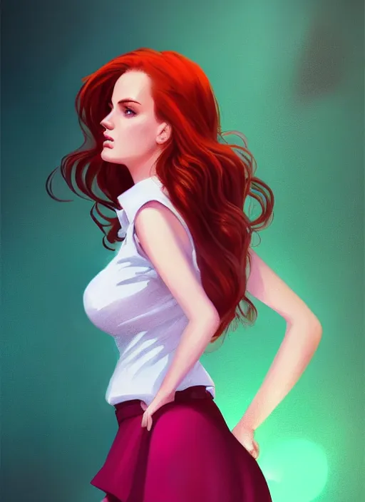 Image similar to full body portrait of teenage cheryl blossom, bangs, green eyes, sultry expression, red hair, sultry smirk, bangs and wavy hair, pink skirt, intricate, elegant, glowing lights, highly detailed, digital painting, artstation, concept art, smooth, sharp focus, illustration, art by wlop, mars ravelo and greg rutkowski