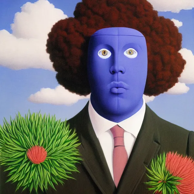 Prompt: portrait of a faceless beautiful flowers as head, man in a suit, clouds in the background, by rene magritte, detailed painting, distance, centered, hd, hq, high resolution, high detail, 4 k, 8 k