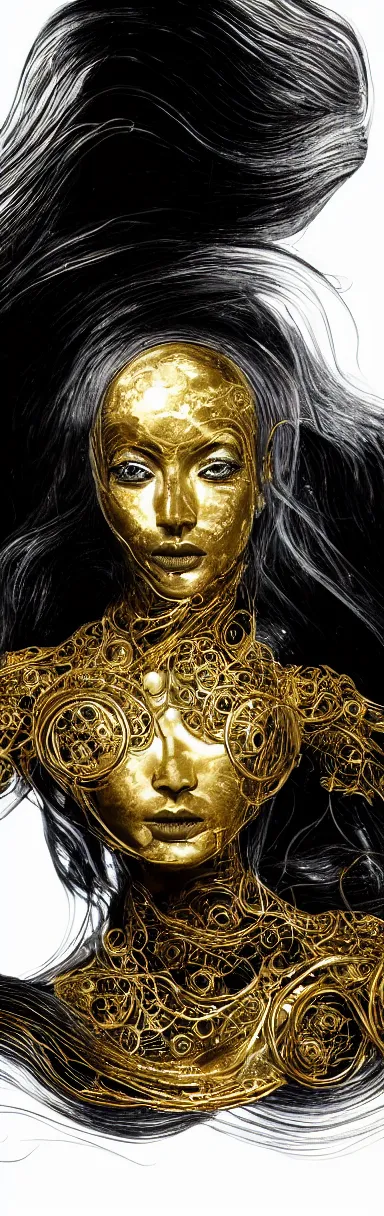 Image similar to pencil drawing illustration, gold bodypaint, neobrutalistic, digital abstract sculpt of beautiful female body and black swirling latex acrylic portrait, black latex sculpt, minimalism, mechanical superstructure, strong wind, sacred geometry, 8 k, cinematic, magic hour, beautiful light, sculpture of carving marble, dark colors, filigree ornaments, one point light, clockwork