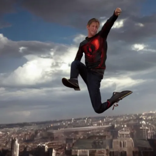 Image similar to A still of Tony Hawk in the film Avengers, high definition