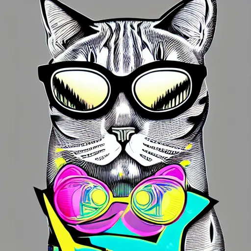 Prompt: mcbess illustration, neon colorful vibrant cat with sunglasses