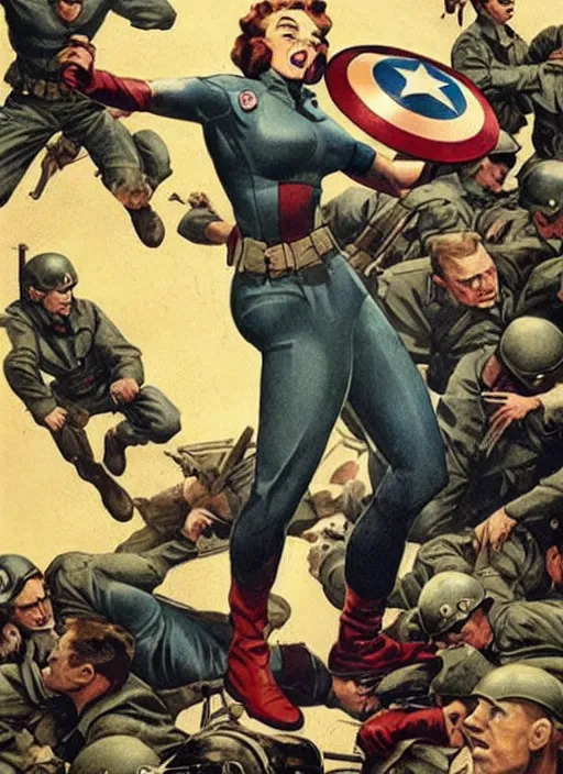 Prompt: beautiful female captain america standing on a pile of defeated german soldiers. feminist captain america wins wwii. american wwii propaganda poster by james gurney. anime. gorgeous face.