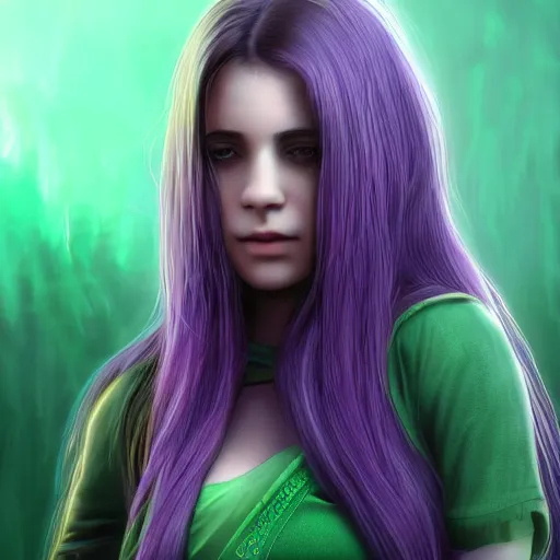 Prompt: portait elissar zakaria khoury, centred, sadness look, long purple hair, hd, unreal engine, final fantasy style amazing green background theme