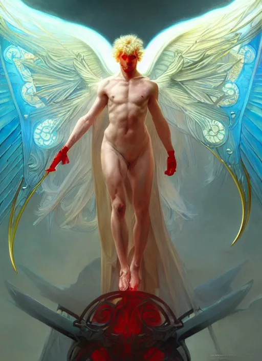 Image similar to the pale blond male angel of battle lucius smirking, sci fi, glowing eyes, volumetric lights, red and cyan theme, art nouveau botanicals, intricate, highly detailed, digital painting, artstation, concept art, smooth, sharp focus, cinematic, illustration, beautiful face, art by artgerm and greg rutkowski and alphonse mucha