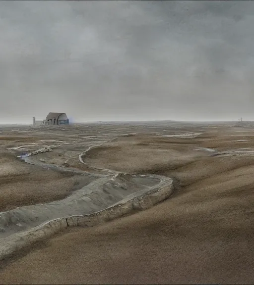 Image similar to andrei tarkovsky scene, a matte painting of a white stepped architecture in the mining tailings in the desert, biroremediation, prairie, cottage town, foggy, patchy flowers, oil painting, pale colors, high detail, 8 k, wide angle, trending on artstation, behance