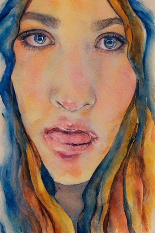 Image similar to portrait of a young beautiful auburn woman, closing her eyes, smiling, aquarelle, realistic painting, freckles, 1 / 4 headshot