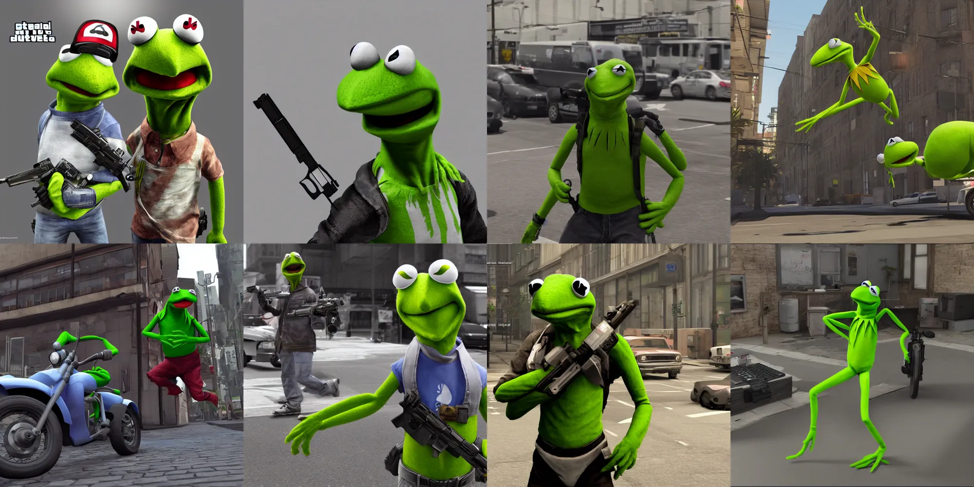 Prompt: kermit the frag as a grand theft auto character, 3d render, playstation