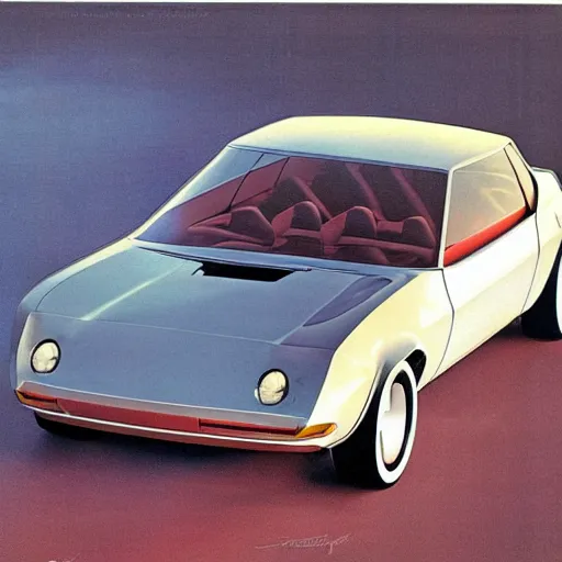 Prompt: tesla model 3, 1 9 7 0 s sports car concept art, vintage car magazine