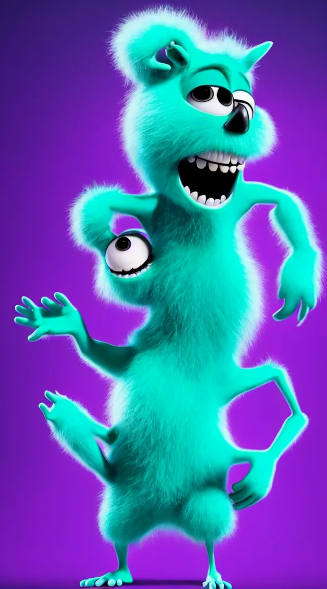 Image similar to a full studio shot of a deadly virus as a pixar character against a dark cyan backdrop. it is sinister yet friendly. hair, fur, fleshy, cute.