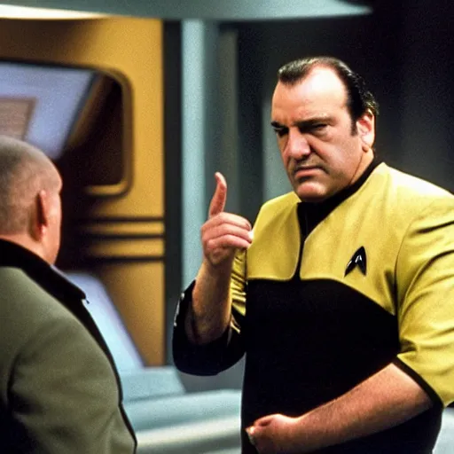 Image similar to tony soprano in a Star trek deep space nine uniform commanding the use defiant