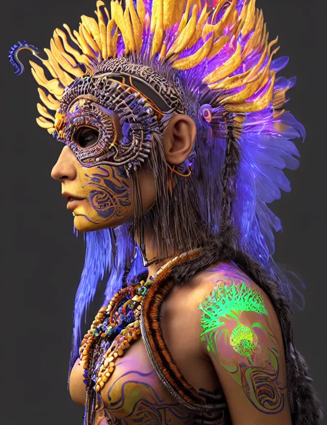 Image similar to 3 d goddess close - up profile portrait amazonian punk with mohawk with ayahuasca skull. beautiful intricately detailed ayahuasca kitsune mask and sacred amazon shaman kimono. bio - luminescent jellyfish phoenix puma, plasma, ice, water, wind, creature, artwork by tooth wu and wlop and beeple and greg rutkowski