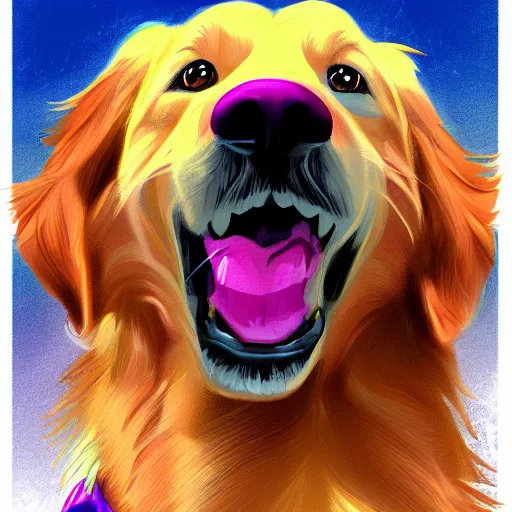 Image similar to a happy golden retriever, colorful digital painting, trending on artstation