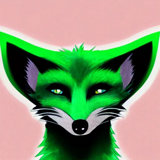 Image similar to photorealistic green fox with green fur and glowing magenta eyes, wearing a black hoodie