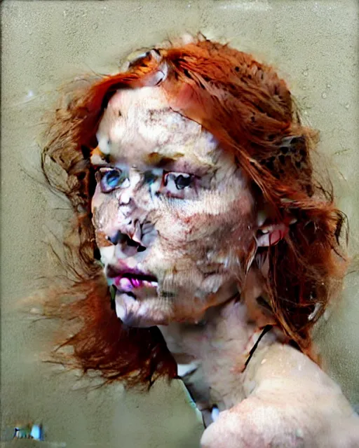 Image similar to portrait of an ethereal ginger beauty in the rain, wet freckles, by mary jane ansell