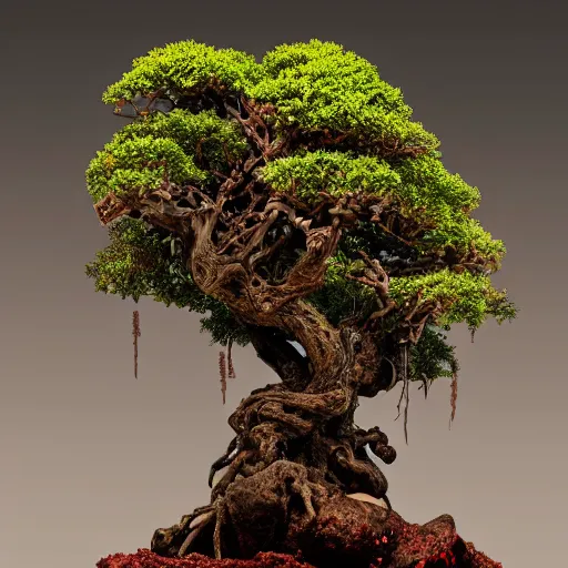 Image similar to incredibly detailed 100 year old Morton Bay fig bonsai planted in, Upside-down ancient intricate red samurai helmet, volcanic rocks, photorealistic, vulumetric lighting, exquisite detail, vray 4k highly detailed, no dof