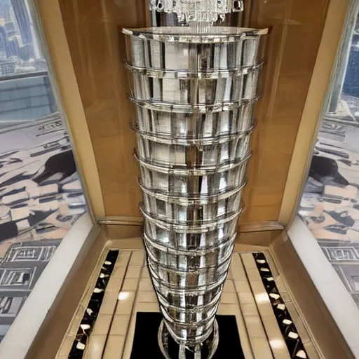Prompt: world largest high-heels standing in art-deco entrance hall of a skyscraper
