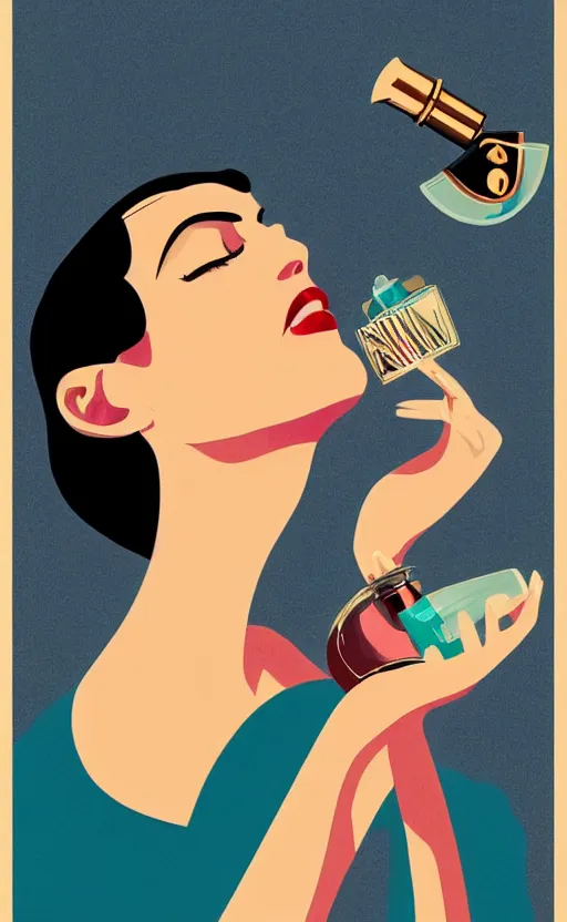 Image similar to illustration, close - up photo with beautiful bottle of perfume near nose, sniffing the aroma, an art deco painting by tom whalen, trending on behance, art deco, digital illustration, storybook illustration, grainy texture, flat shading, vector art, airbrush, pastel, watercolor, poster