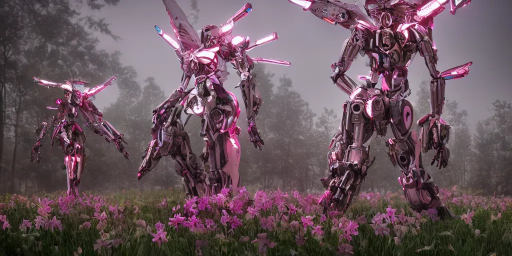 Image similar to a female saints made of mecha daffodils is flying in the fantasy forest, daniel, intricate mechanical details, futuristic, 2 k aesthetic, dramatic lighting, concept art, 4 k, 3 d octane render, pink and red colors, provenance, detailed, trending on artstation