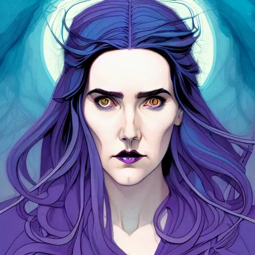 Image similar to in the style of Joshua Middleton comic art, beautiful witch spooky female, Jennifer Connelly, blue and purple glowing hair, perfect eyes perfect symmetrical eyes, symmetrical face, dark forest background, painterly style