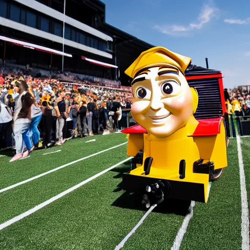 Image similar to purdue pete as thomas the tank engine on a football field