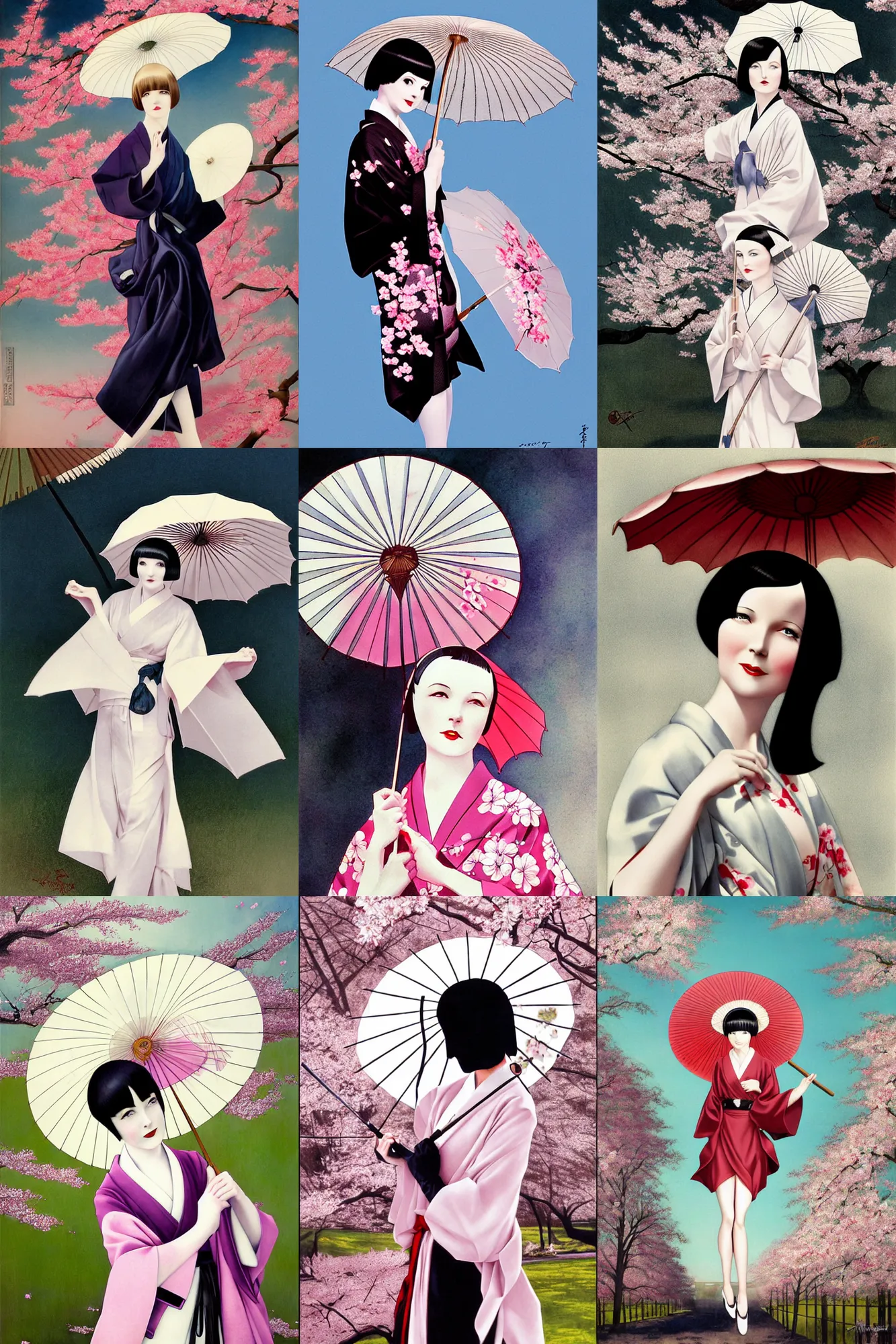 Prompt: 2 8 year old mary louise brooks, wearing kimono, carrying parasol, by artgerm, cherry blossom falling, ross tan