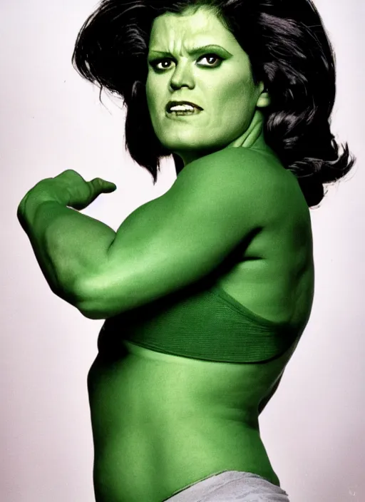 Prompt: a color photo portrait of she hulk wearing fashion clothing by richard avedon dramatic lighting, 7 5 mm lens, shapr focus.